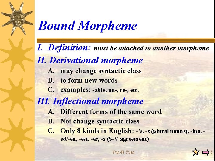 Bound Morpheme I. Definition: must be attached to another morpheme II. Derivational morpheme A.