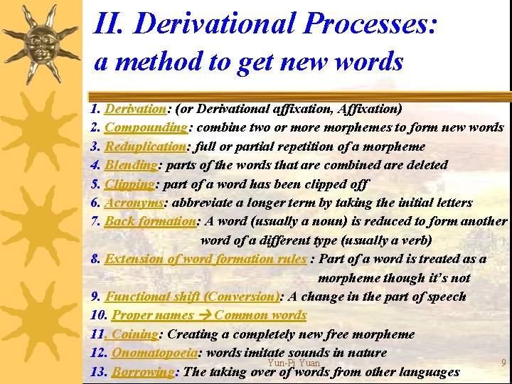 II. Derivational Processes: a method to get new words 1. Derivation: (or Derivational affixation,