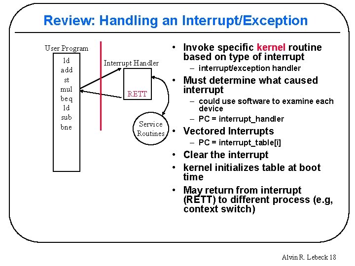 Review: Handling an Interrupt/Exception User Program ld add st mul beq ld sub bne