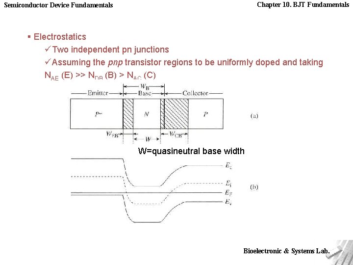 Chapter 10. BJT Fundamentals Semiconductor Device Fundamentals § Electrostatics üTwo independent pn junctions üAssuming