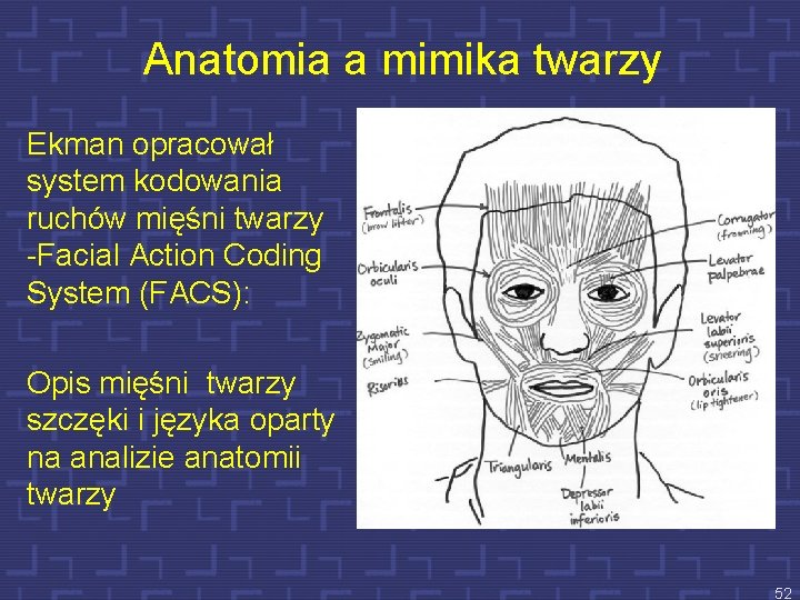 Anatomia a mimika twarzy Ekman opracował system kodowania ruchów mięśni twarzy -Facial Action Coding