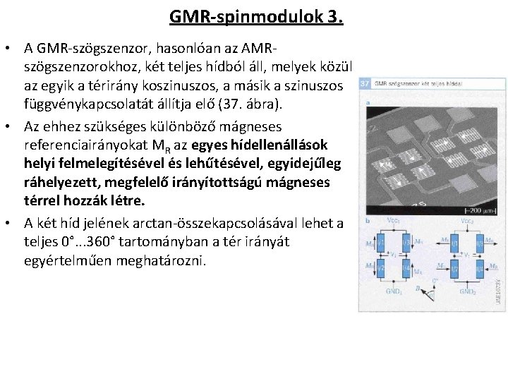 GMR spinmodulok 3. • A GMR szögszenzor, hasonlóan az AMR szögszenzorokhoz, két teljes hídból