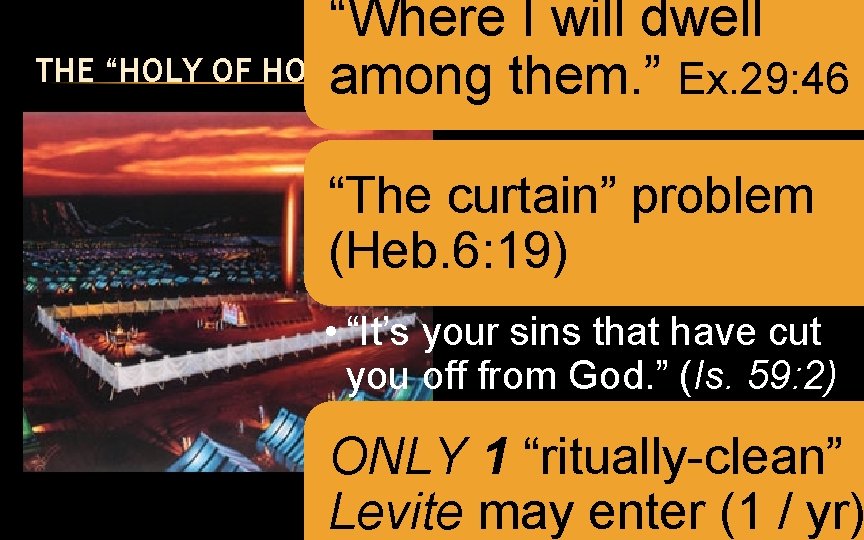 “Where I will dwell THE “HOLY OF HOLIES” among them. ” Ex. 29: 46