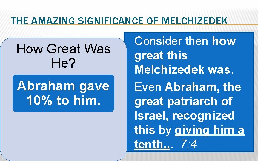 THE AMAZING SIGNIFICANCE OF MELCHIZEDEK How Great Was He? Abraham gave 10% to him.
