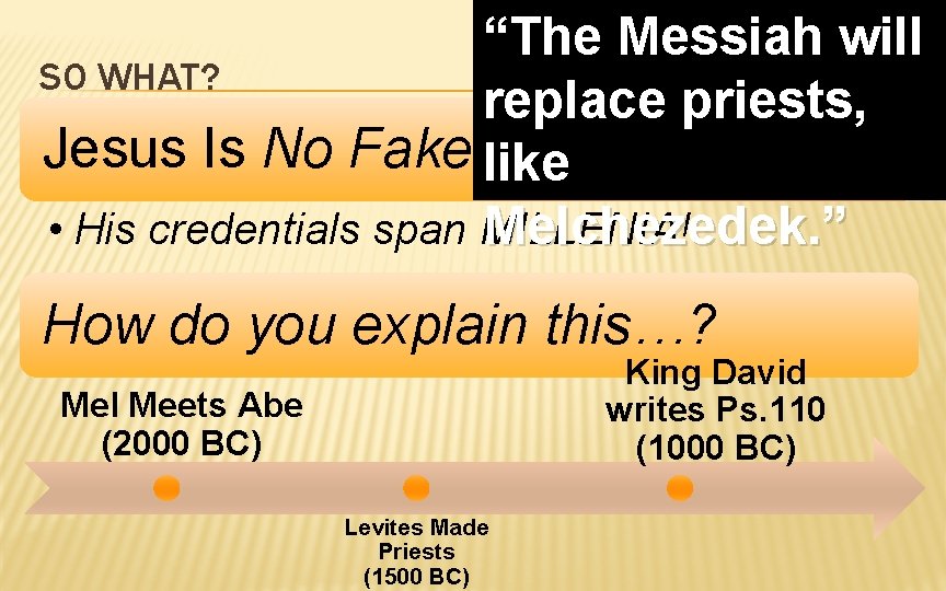 “The Messiah will SO WHAT? replace priests, Jesus Is No Fake!like Melchezedek. ” •