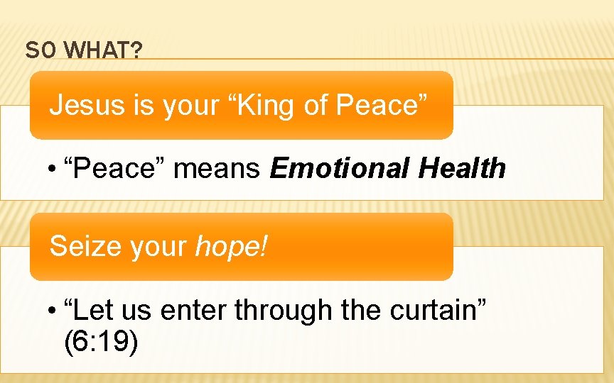 SO WHAT? Jesus is your “King of Peace” • “Peace” means Emotional Health Seize