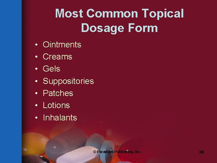 Most Common Topical Dosage Form • • Ointments Creams Gels Suppositories Patches Lotions Inhalants