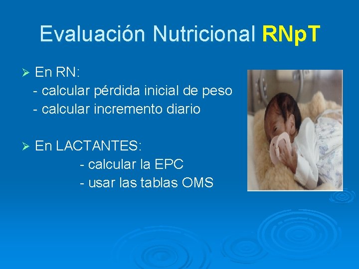 Evaluación Nutricional RNp. T Ø En RN: - calcular pérdida inicial de peso -