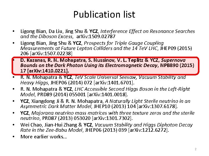 Publication list • • • Ligong Bian, Da Liu, Jing Shu & YCZ, Interference