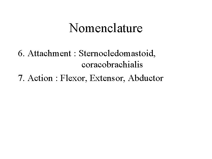 Nomenclature 6. Attachment : Sternocledomastoid, coracobrachialis 7. Action : Flexor, Extensor, Abductor 