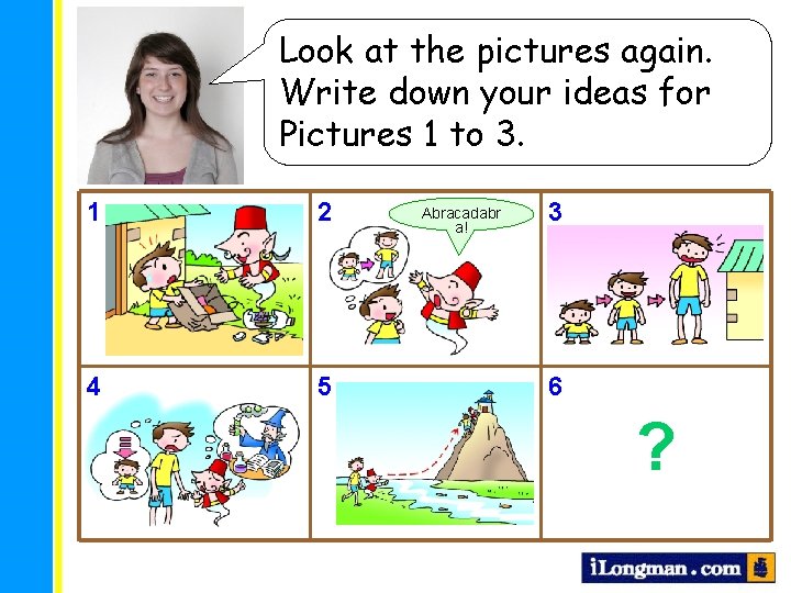 Look at the pictures again. Write down your ideas for Pictures 1 to 3.