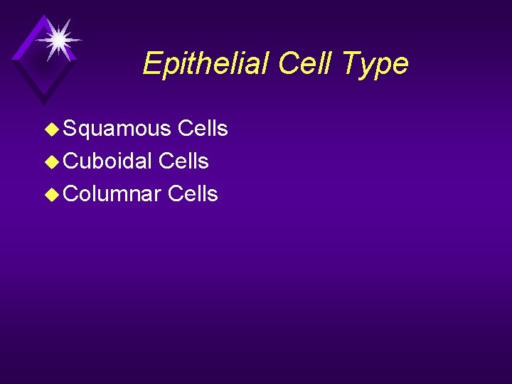 Epithelial Cell Type u Squamous Cells u Cuboidal Cells u Columnar Cells 