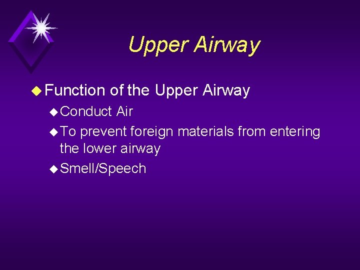 Upper Airway u Function of the Upper Airway u Conduct Air u To prevent