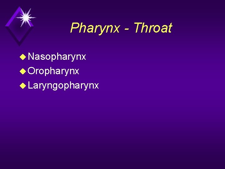 Pharynx - Throat u Nasopharynx u Oropharynx u Laryngopharynx 
