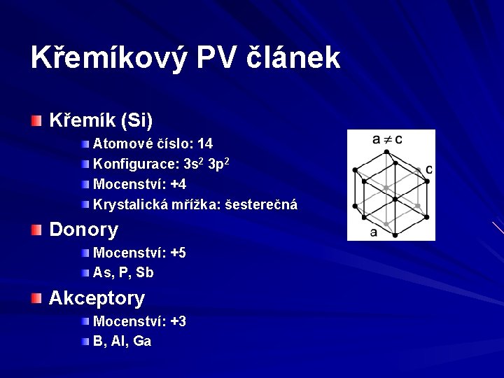 Křemíkový PV článek Křemík (Si) Atomové číslo: 14 Konfigurace: 3 s 2 3 p