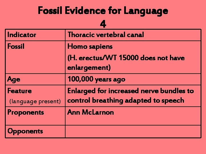 Indicator Fossil Evidence for Language 4 Thoracic vertebral canal Homo sapiens (H. erectus/WT 15000
