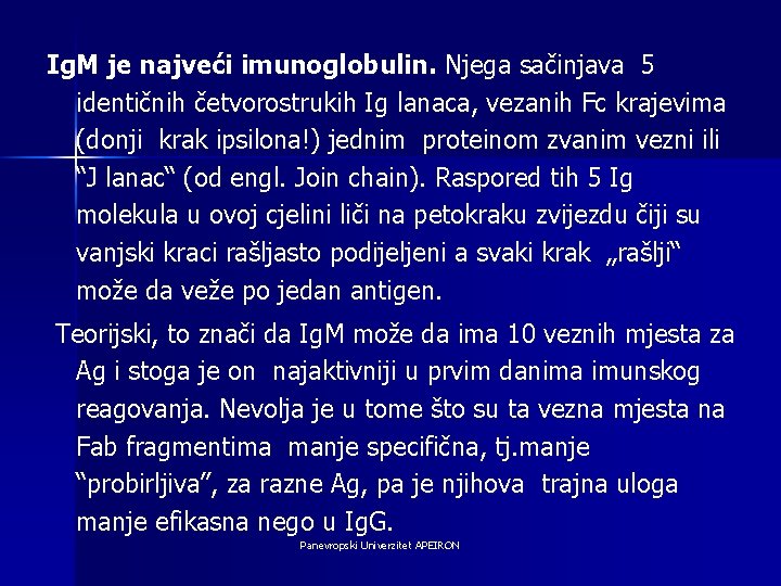 Ig. M je najveći imunoglobulin. Njega sačinjava 5 identičnih četvorostrukih Ig lanaca, vezanih Fc