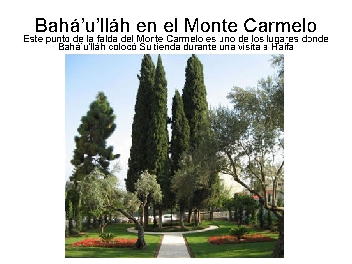 Bahá’u’lláh en el Monte Carmelo Este punto de la falda del Monte Carmelo es