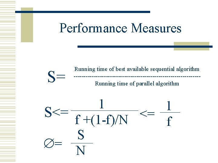 Performance Measures S= Running time of best available sequential algorithm -------------------------------Running time of parallel Performance Measures S= Running time of best available sequential algorithm -------------------------------Running time of parallel
