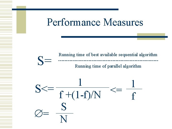 Performance Measures S= Running time of best available sequential algorithm -------------------------------Running time of parallel