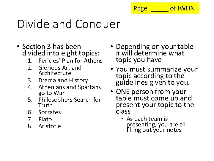 Page _____ of IWHN Divide and Conquer • Section 3 has been divided into