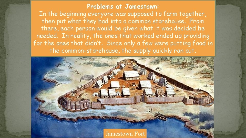 Problems at Jamestown: In the beginning everyone was supposed to farm together, then put