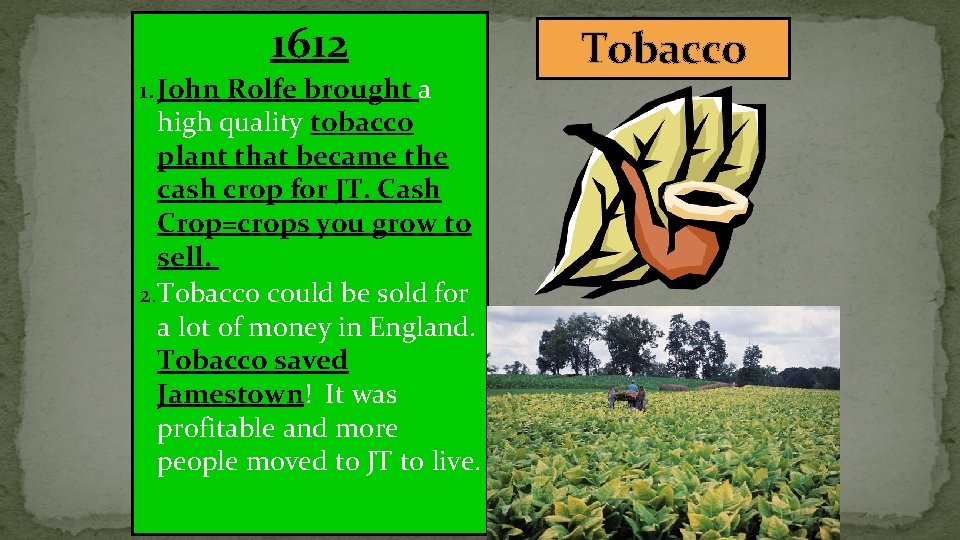 1612 1. John Rolfe brought a high quality tobacco plant that became the cash