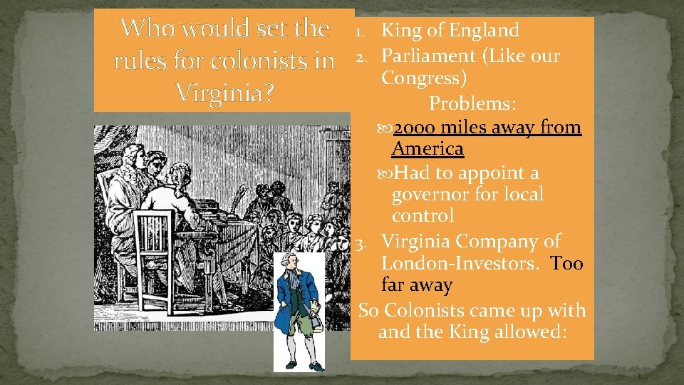 Who would set the rules for colonists in Virginia? 1. King of England 2.