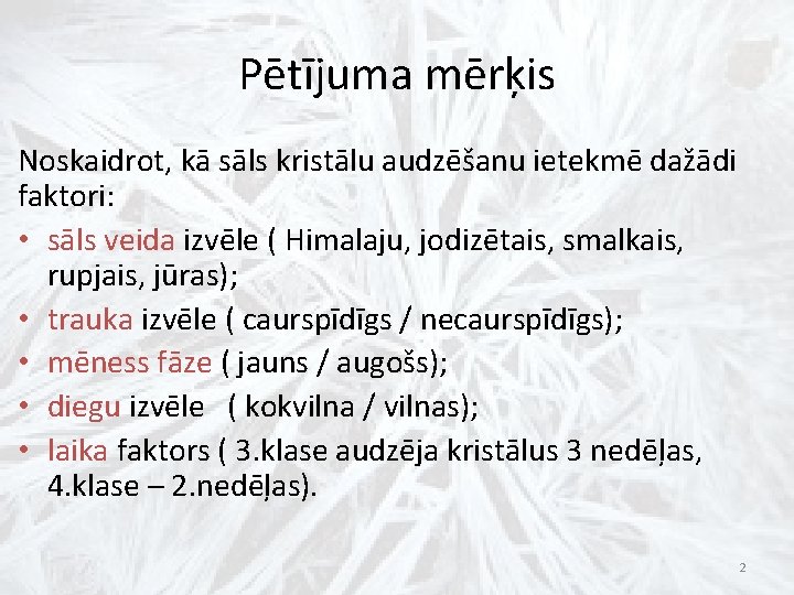 Pētījuma mērķis Noskaidrot, kā sāls kristālu audzēšanu ietekmē dažādi faktori: • sāls veida izvēle