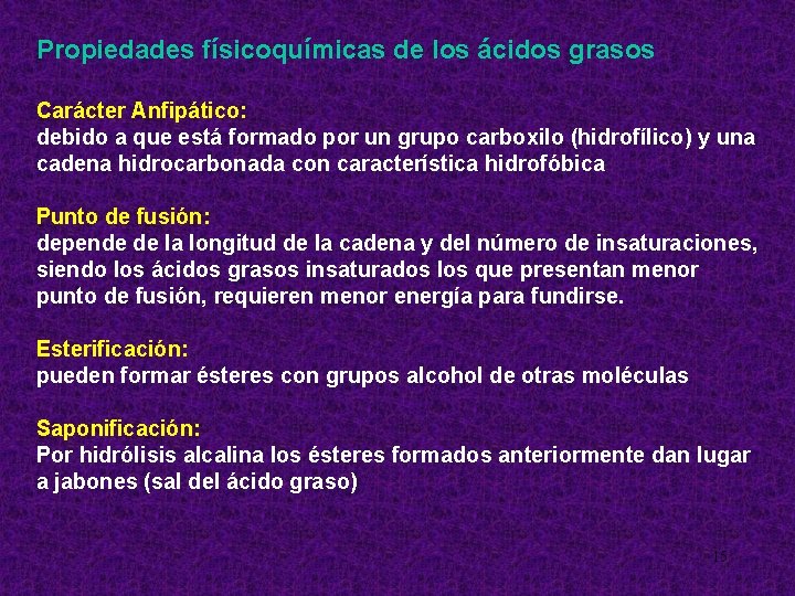 Propiedades físicoquímicas de los ácidos grasos Carácter Anfipático: debido a que está formado por