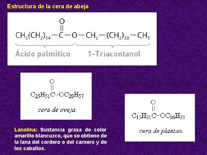  Estructura de la cera de abeja Lanolina: Sustancia grasa de color amarillo blancuzco,