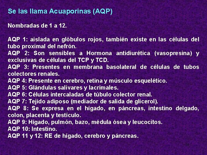 Se las llama Acuaporinas (AQP) Nombradas de 1 a 12. AQP 1: aislada en