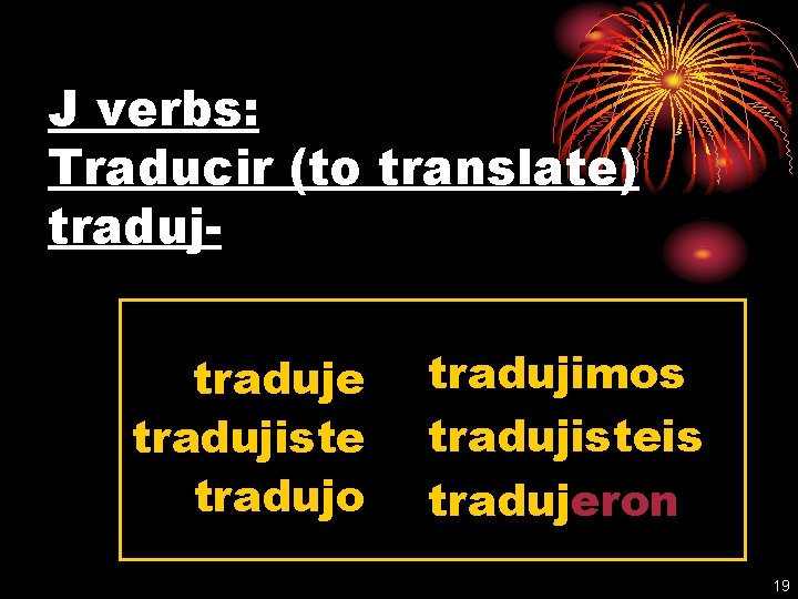 J verbs: Traducir (to translate) traduje tradujiste tradujo tradujimos tradujisteis tradujeron 19 