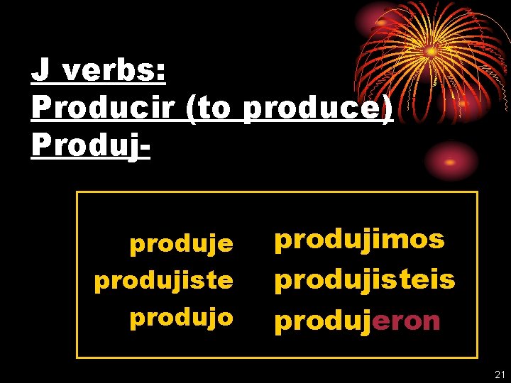 J verbs: Producir (to produce) Produjproduje produjiste produjo produjimos produjisteis produjeron 21 