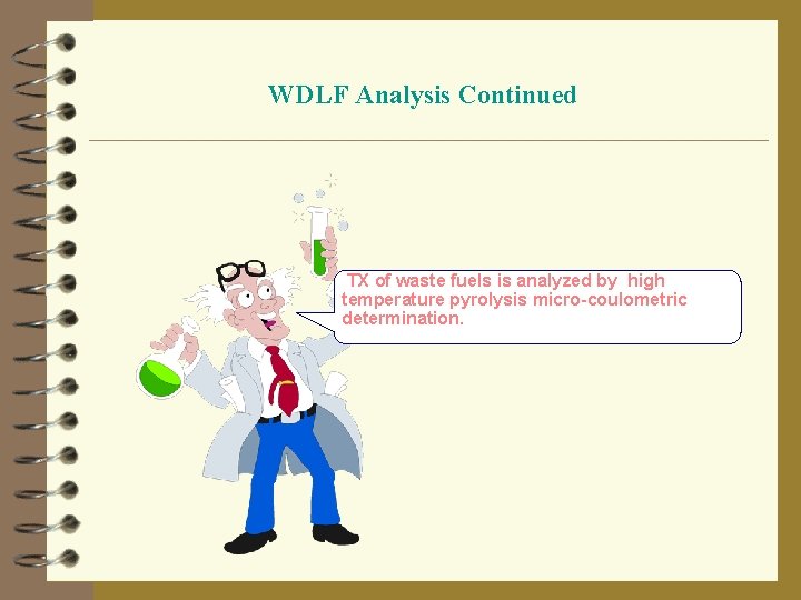 WDLF Analysis Continued TX of waste fuels is analyzed by high temperature pyrolysis micro-coulometric