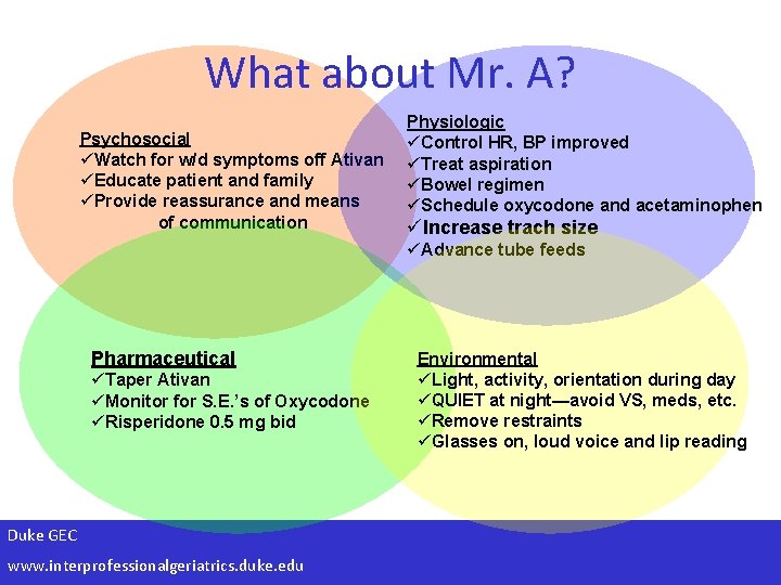 What about Mr. A? Psychosocial üWatch for w/d symptoms off Ativan üEducate patient and