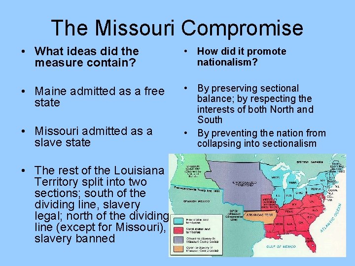The Missouri Compromise • What ideas did the measure contain? • How did it