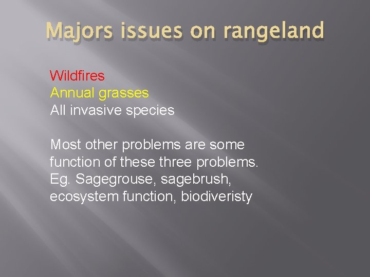 Majors issues on rangeland Wildfires Annual grasses All invasive species Most other problems are