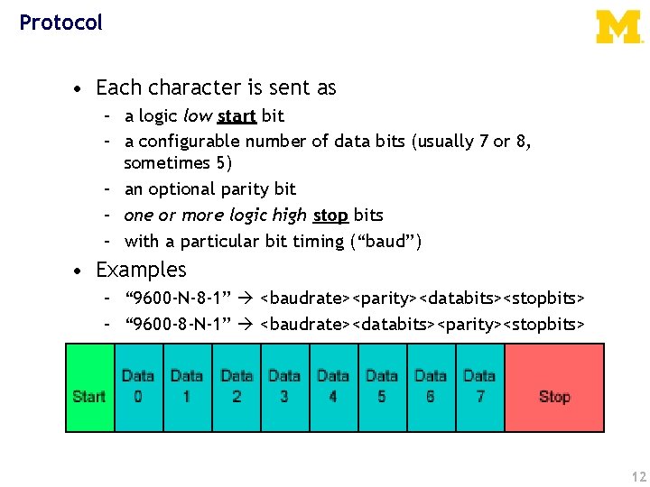 Protocol • Each character is sent as – a logic low start bit –