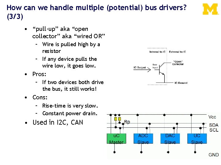 How can we handle multiple (potential) bus drivers? (3/3) • “pull-up” aka “open collector”