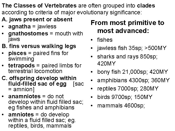 The Classes of Vertebrates are often grouped into clades according to criteria of major