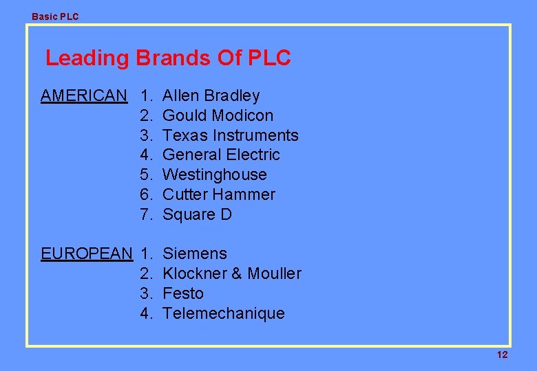 Basic PLC Leading Brands Of PLC AMERICAN 1. 2. 3. 4. 5. 6. 7.