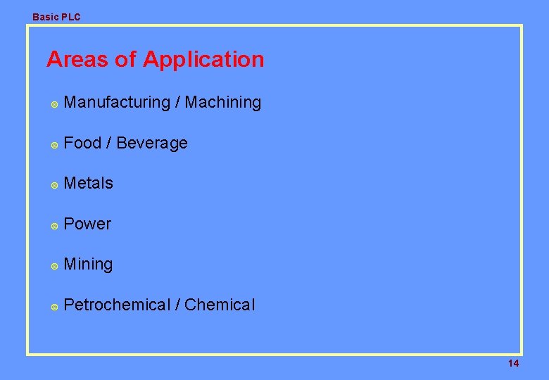 Basic PLC Areas of Application ¥ Manufacturing / Machining ¥ Food / Beverage ¥