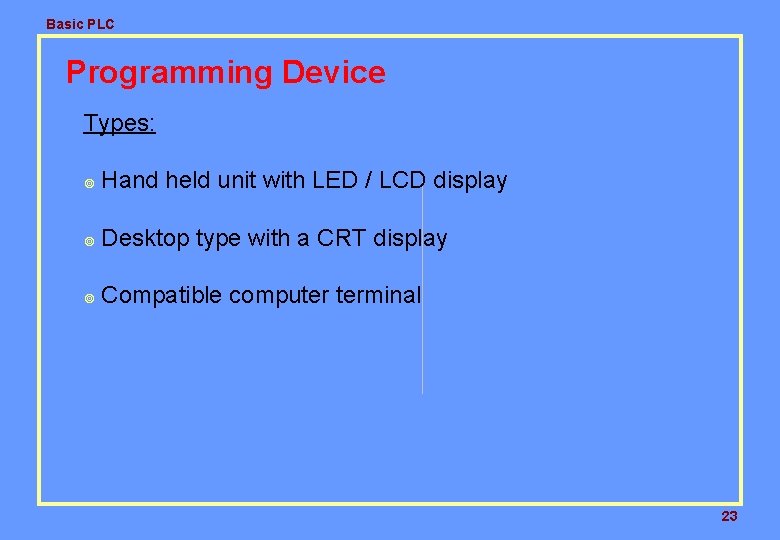 Basic PLC Programming Device Types: ¥ Hand held unit with LED / LCD display