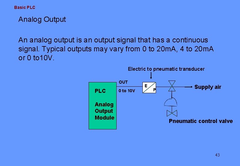 Basic PLC Analog Output An analog output is an output signal that has a