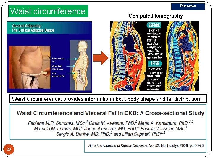 Waist circumference Discussion Computed tomography Waist circumference, provides information about body shape and fat