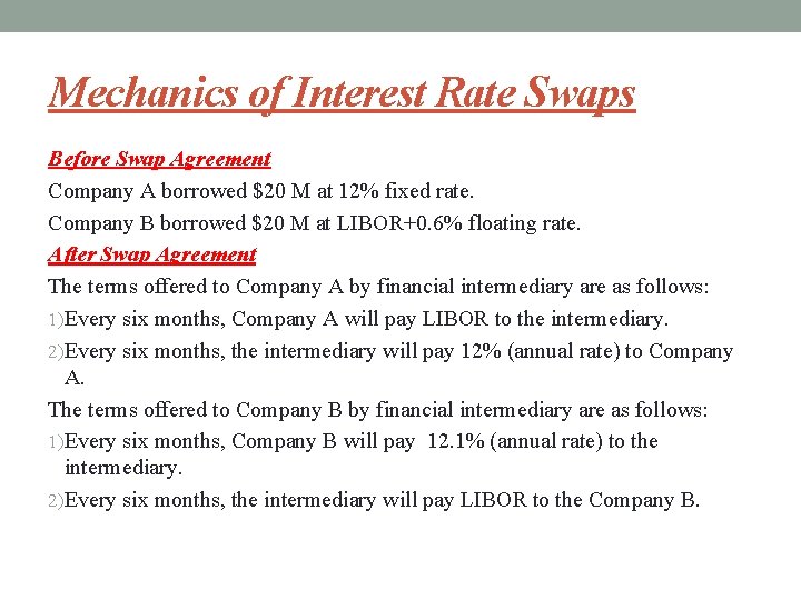 Mechanics of Interest Rate Swaps Before Swap Agreement Company A borrowed $20 M at