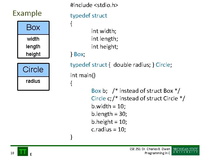 Example Box width length height Circle radius 18 TT E #include <stdio. h> typedef
