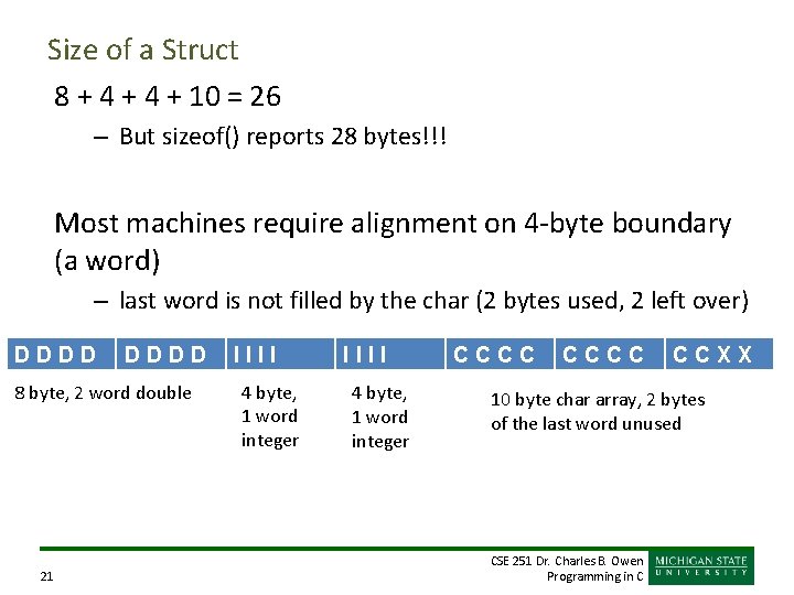 Size of a Struct 8 + 4 + 10 = 26 – But sizeof()