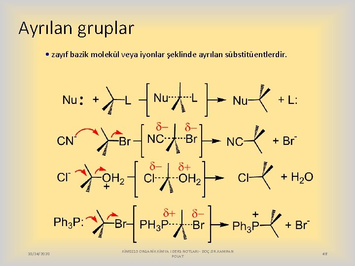 Ayrılan gruplar • zayıf bazik molekül veya iyonlar şeklinde ayrılan sübstitüentlerdir. 10/24/2020 KİM 0213